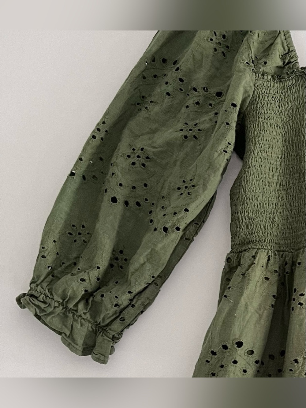 Rebellion Again Green Smocked Eyelet Lace Puff Sleeve Dress - Picture 4 of 10